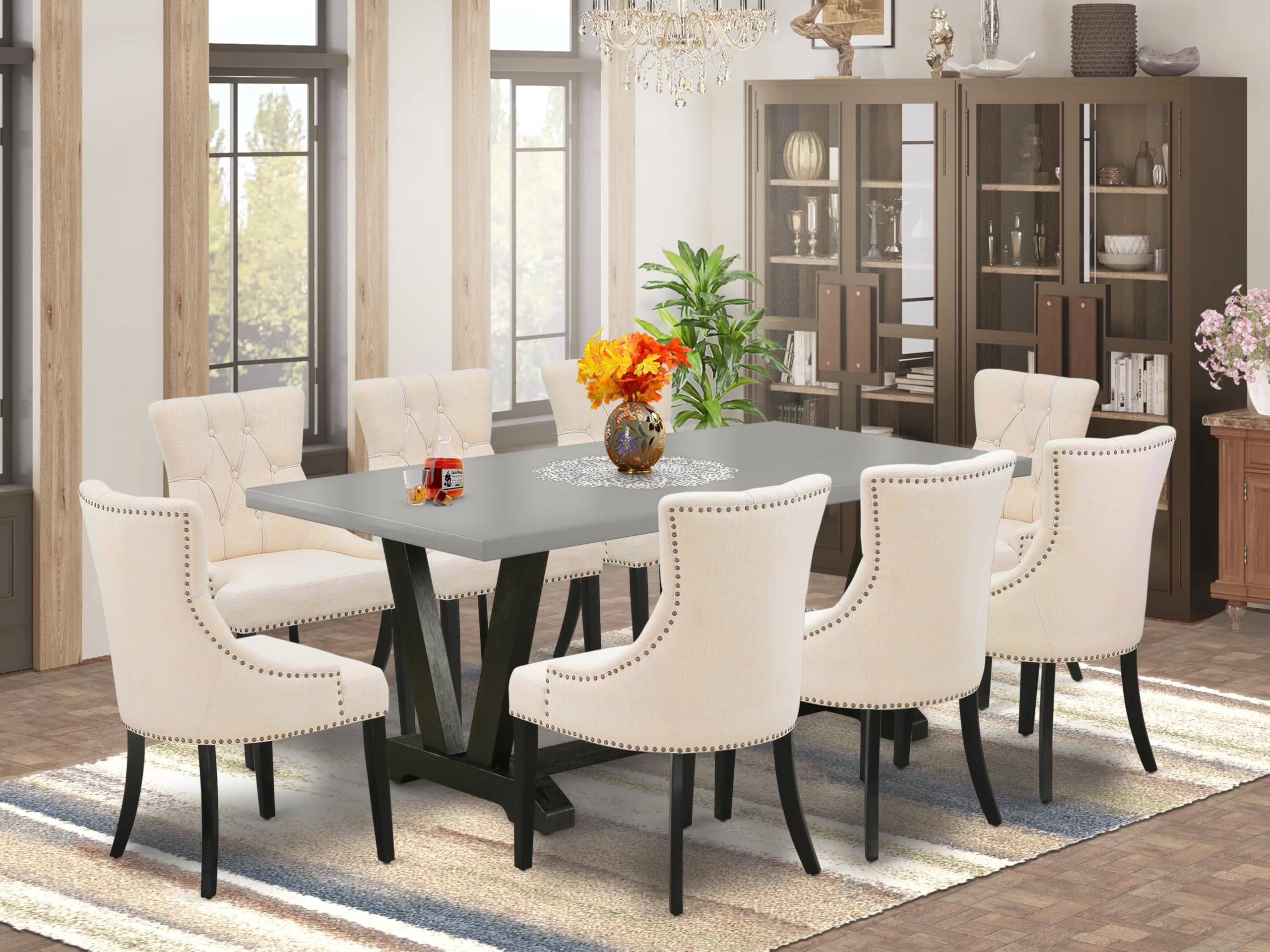East West Furniture V697Fr102-9 9 Piece Dining Room Set Includes A Rectangle Kitchen Table With V-Legs And 8 Light Beige Linen Fabric Upholstered Parson Chairs, 40X72 Inch, Multi-Color